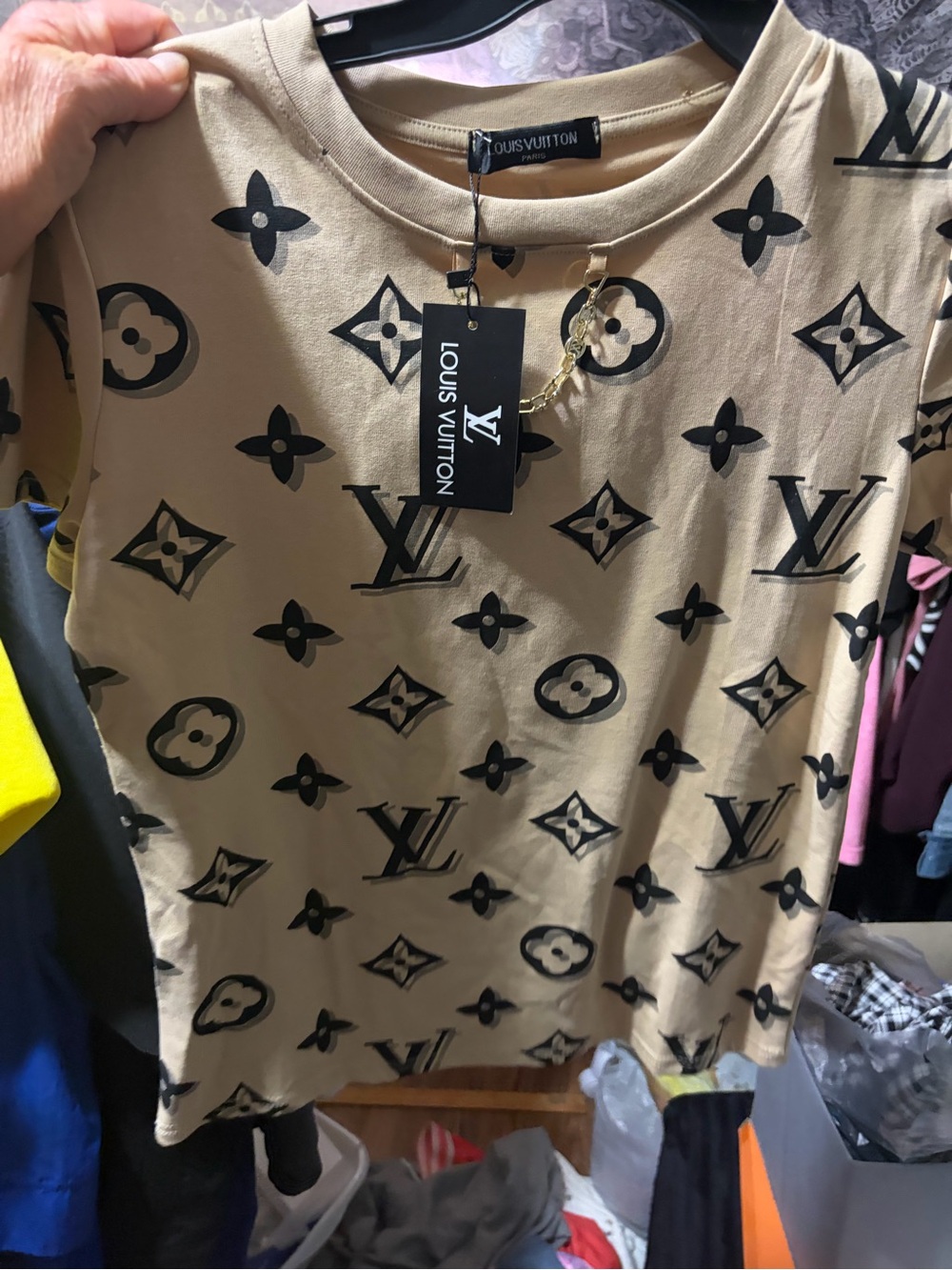 NWT- Designer Look, Fashion LV Monogram Short Sleeve Tee in Beige & Black NWT